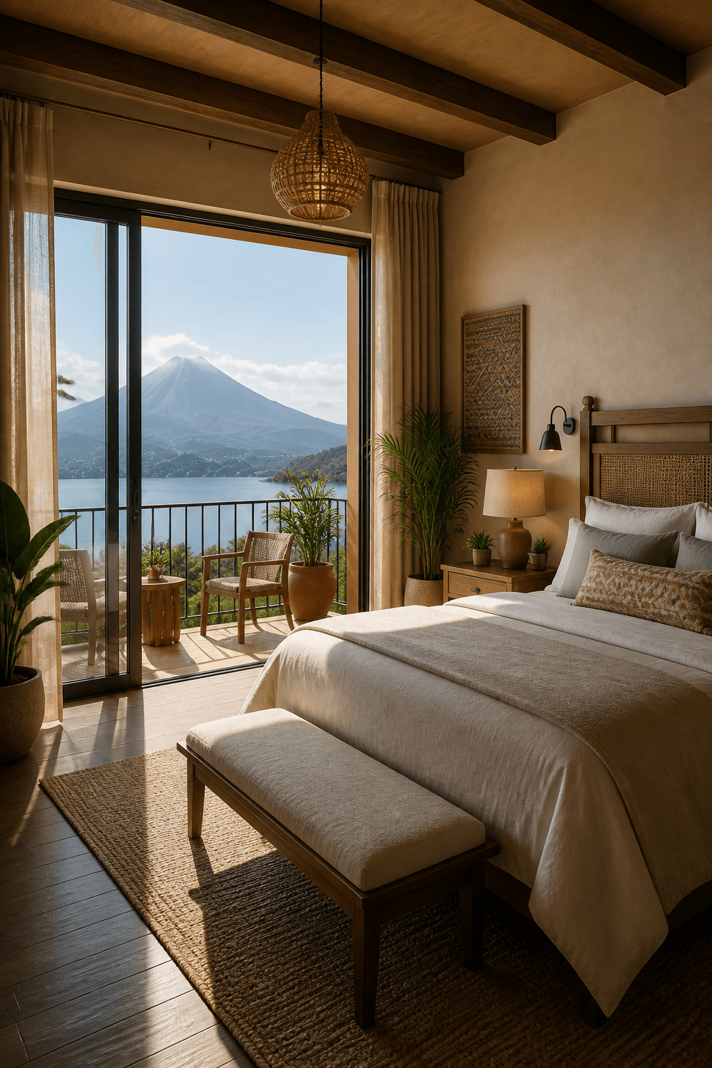 Suite elegante con vista hacia lago y volcan