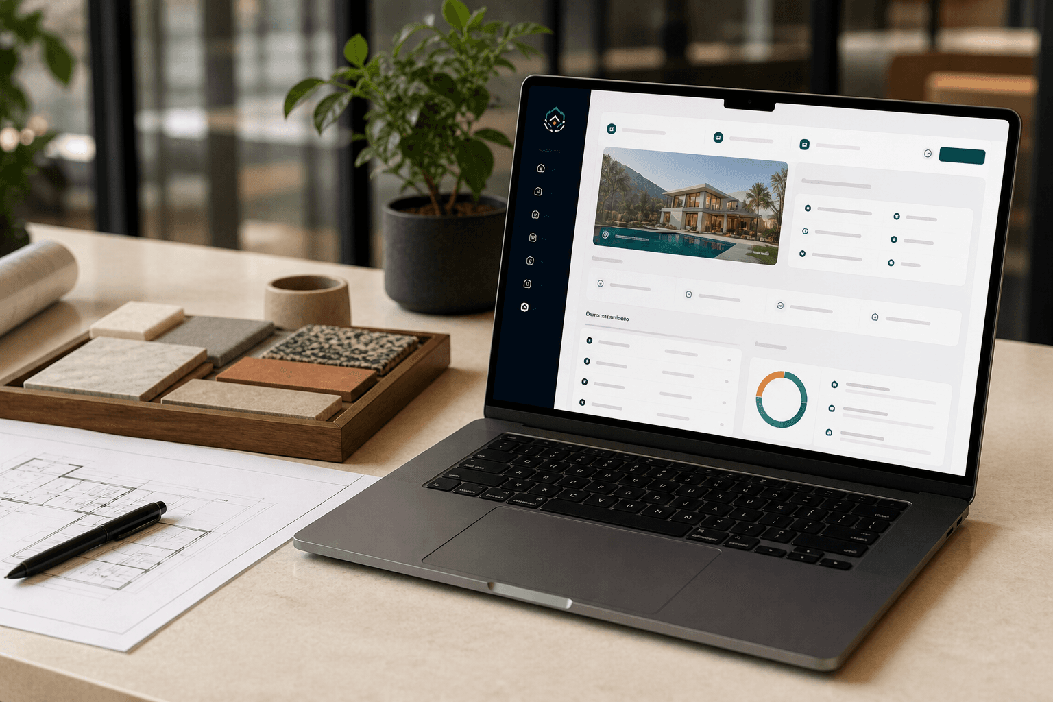 Escena de administracion de propiedad con dashboard abstracto