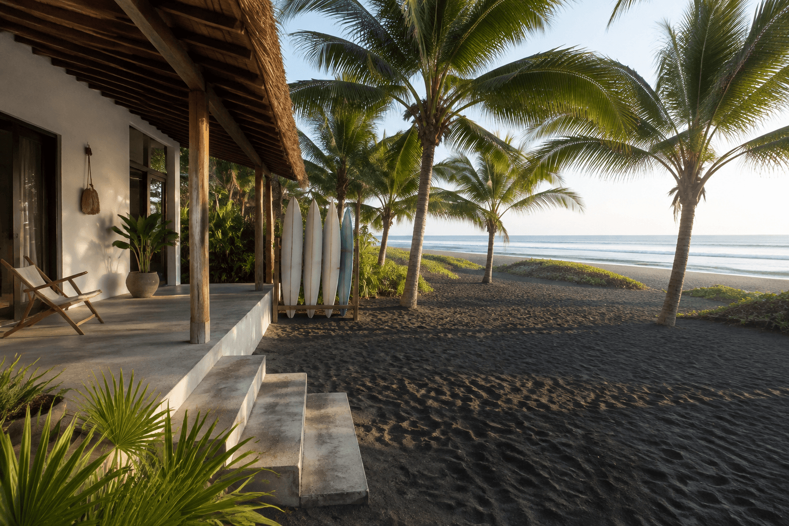 Casa de playa con terraza, palmeras y arena volcanica en El Paredon